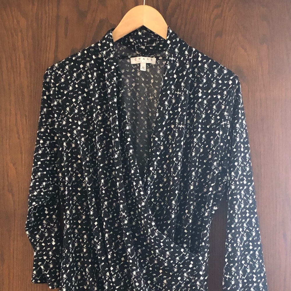 Chaus faux wrap with 3/4 length sleeve.